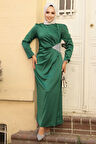 Drape Detaylı Yeşil Tesettür Saten Abiye Elbise 5940Y