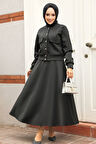 Düğmeli Siyah Tesettür Etekli İkili Takım 12261S