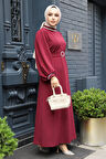 Kemerli Bordo Tesettür Abiye Elbise 30031BR