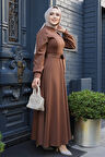 Kolları Boncuk İşlemeli Kahverengi Tesettür Elbise 23631KH