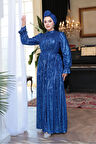 Payetli Sax Mavisi Tesettür Abiye Elbise 44961SX