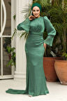 Drape Detaylı Yeşil Tesettür Abiye Elbise 48531Y