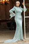 Drape Detaylı Mint Tesettür Abiye Elbise 48531MINT