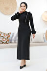 Fırfır Detaylı Siyah Tesettür Abiye Elbise 46331S