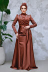 Kuyruklu Koyu Kahverengi Tesettür Abiye Elbise 43381KKH