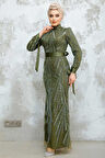 Boncuk İşlemeli Haki Tesettür Abiye Elbise 47631HK