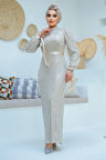 Pul Payetli Krem Tesettür Abiye Elbise 4667KR