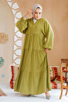 Kat Piliseli Yağ Yeşili Tesettür Elbise 20612YY