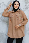 Boncuk İşlemeli Camel Tesettür Gömlek 4526C