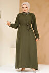 Kolları Pileli Haki Tesettür Elbise 10124HK