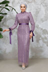 Boncuk İşlemeli Lila Tesettür Abiye Elbise 4891LILA
