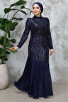 Boncuk İşlemeli Lacivert Tesettür Abiye Elbise 50261L