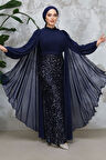 - Payetli Lacivert Tesettür Abiye Elbise 50231L