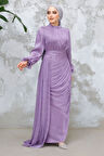 Drape Detaylı Lila Tesettür Abiye Elbise 4934LILA