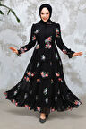 Çiçek Desenli Siyah Tesettür Elbise 32815S