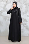 Desenli Siyah Tesettür Abaya 15079S