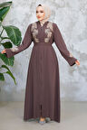 Nakış İşlemeli Kahverengi Tesettür Ferace 29124KH