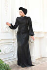Drapeli Siyah Tesettür Abiye Elbise 50781S