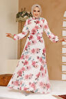 Çiçek Desenli Beyaz Tesettür Elbise 27965B