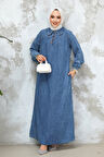 Cep Detaylı Koyu Mavi Tesettür Kot Elbise 19101KM