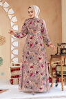 Çiçek Desenli Camel Tesettür Elbise 27987C
