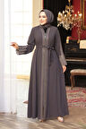 Nakış işlemeli Füme Tesettür Abaya 29114FU