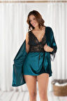 TİSTA Kadın Kadife Dantelli 2'li Sabahlık ve Takım Petrol Yeşil Gecelik