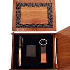 Ahşap Kutulu Bakır Roller Kalem Taba Renk Anahtarlık ve Çakmak Set