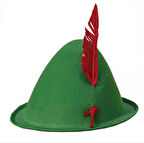 Yeşil Renk Kırmızı Tüylü Peter Pan Şapkası Robin Hood Şapkası 24X23 cm