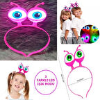 Led Işıklı  Pilli 3 Farklı Modda Yanan Uzaylı Göz Parti Tacı Pembe Renk 18x12 Cm