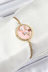 316L Çelik Zincir Pembe Mineli Sanatsal Portre İnci Detaylı Çiçek Model Gold Renk Kadın Bileklik