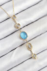 Pirinç Zincir Mavi Gold Renk Zirkon Taşlı Y Kolye