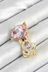 Pembe Zirkon Taşlı Kap Detaylı Kedi Figürlü Gold Renk Kadın Broş