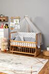 Ahşap Anne yanı 60x120 bebek beşiği Doğal (Vernikli) Boyalı Tutku Bebek Beşiği Gri Balina Uyku Setli