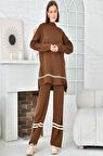 Balıkçı Yaka Çizgili Alt Üst İkili Salaş Kahverengi Kadın Triko Takım