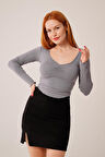 TUA MODA Geniş Yaka Gri Basic Body Bluz
