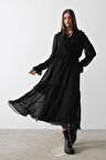 TUA MODA Fırfır Detaylı Şifon Elbise - Siyah