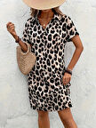 TUA MODA Kadın Kısa Kollu V Yakalı Leopar Desenli Atlas Kısa Elbise
