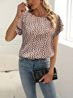 TUA MODA Kadın Kısa Kollu Kolları Volanlı Baskılı Süprem Bluz