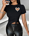 TUA MODA Kadın Kısa Kollu Bisiklet Yaka Kalp Taş Detaylı Viskon Bluz