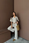 TUA MODA ÇİZGİLİ CROP GÖMLEK - SALAŞ PANTOLON TAKIM MODAL - Bej