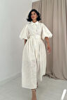 TUA MODA Ekru Pileli Balkon Elbise