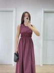 TUA MODA Kolsuz Göğüs Lastıklı Uzun Elbise - Bordo