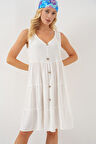 TUA MODA Sıfır Kol Düğmeli Kısa Elbise 2571 - Beyaz