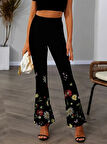 TUA MODA Kadın Yüksek Belli çiçek Desenli Ispanyol Paçalı Dalgıç Tayt Pantolon