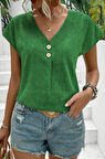 TUA MODA Kadın Kısa Kollu V Yakalı Düğmeli Keten Bluz