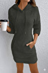 TUA MODA Kadın Uzun Kollu Kapşonlu Cepli Mini Peluş Elbise
