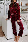 TUA MODA Kadın Uzun Kollu Yuvarlak Yakalı Kadife Bluz Ve Pantolon Takım