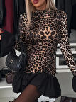 TUA MODA Kadın Uzun Kollu Bisiklet Yaka Leopar Desenli üst Modal Alt Trikoton Mini Elbise