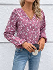 TUA MODA Kadın Uzun Kollu V Yakalı çiçek Desenli Modal Bluz